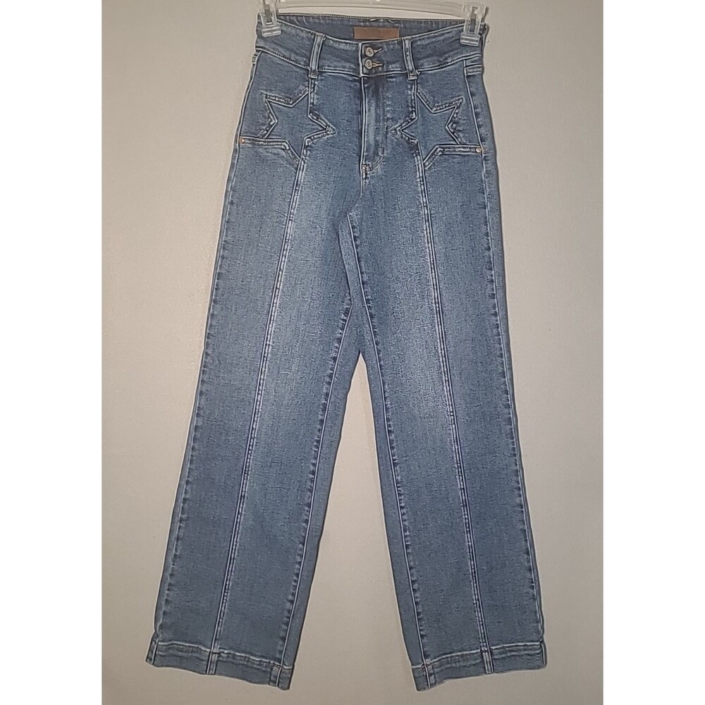 Judy Blue Jeans Womens 3/26 Blue High Waist Star Front Seam Detail Wide Leg Boho